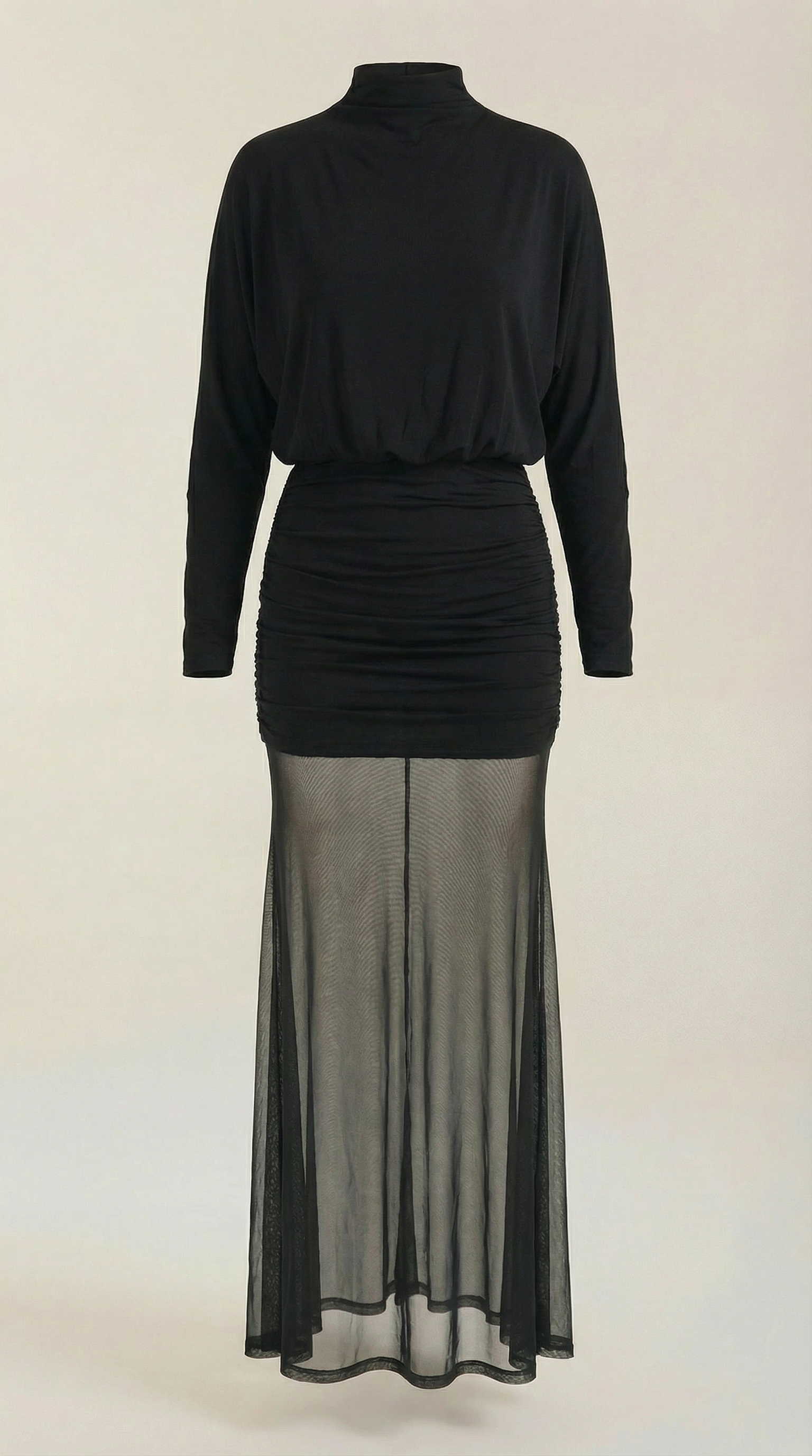 Sonya Ruched Mesh Maxi Dress – Sheer Flowing Statement Evening Dress