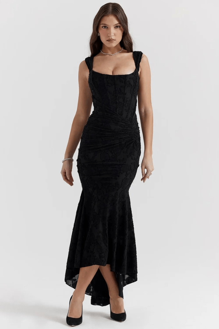 Women's Black Textured Bodycon Trumpet Dress  Square Neck, Flared Hem