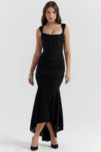 Women's Black Textured Bodycon Trumpet Dress  Square Neck, Flared Hem