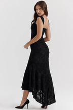 Women's Black Textured Bodycon Trumpet Dress  Square Neck, Flared Hem
