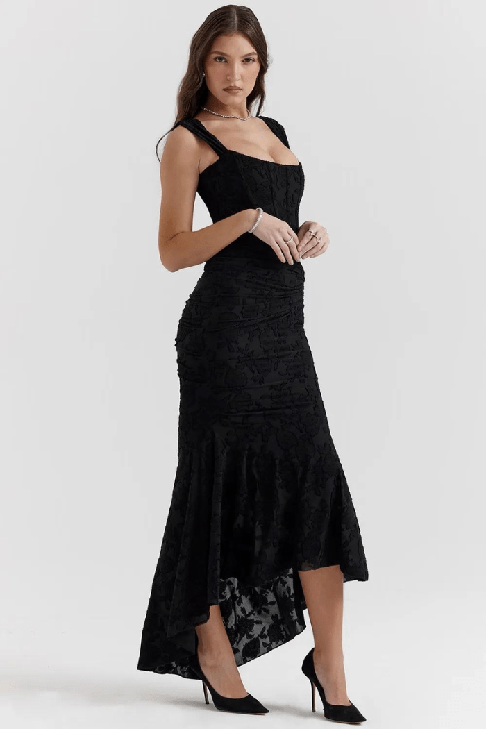 Women's Black Textured Bodycon Trumpet Dress  Square Neck, Flared Hem