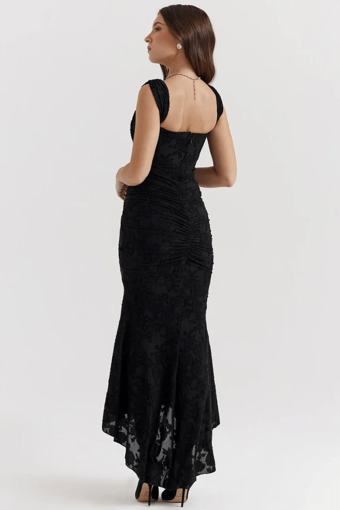 Women's Black Textured Bodycon Trumpet Dress  Square Neck, Flared Hem