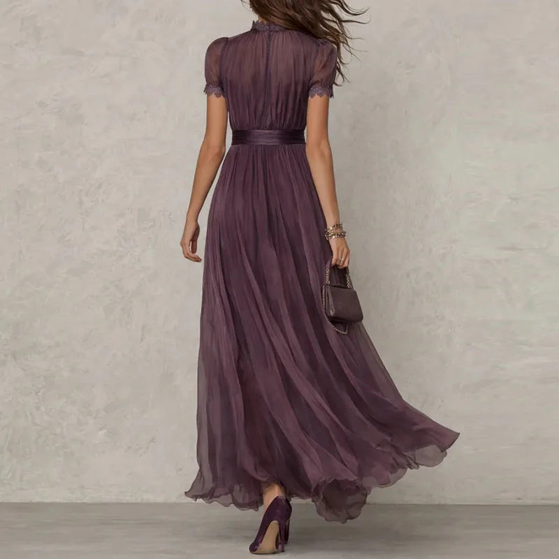 Women’s Vintage Lace A-Line Maxi Dress – O Neck High Waist Pleated Short Sleeve Flowy Summer Party Dress