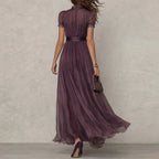 Women’s Vintage Lace A-Line Maxi Dress – O Neck High Waist Pleated Short Sleeve Flowy Summer Party Dress