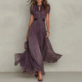 Women’s Vintage Lace A-Line Maxi Dress – O Neck High Waist Pleated Short Sleeve Flowy Summer Party Dress