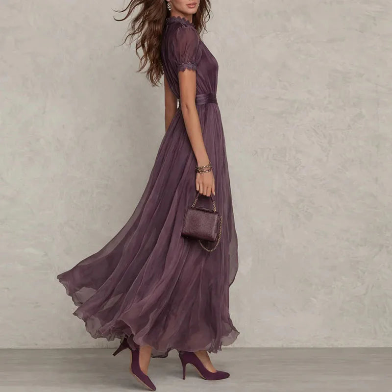 Women’s Vintage Lace A-Line Maxi Dress – O Neck High Waist Pleated Short Sleeve Flowy Summer Party Dress