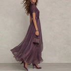 Women’s Vintage Lace A-Line Maxi Dress – O Neck High Waist Pleated Short Sleeve Flowy Summer Party Dress