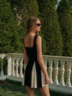 Women’s Contrast Binding Square Neck Sleeveless Mini Dress – Elegant Vacation Party Short Dress with Invisible Zipper