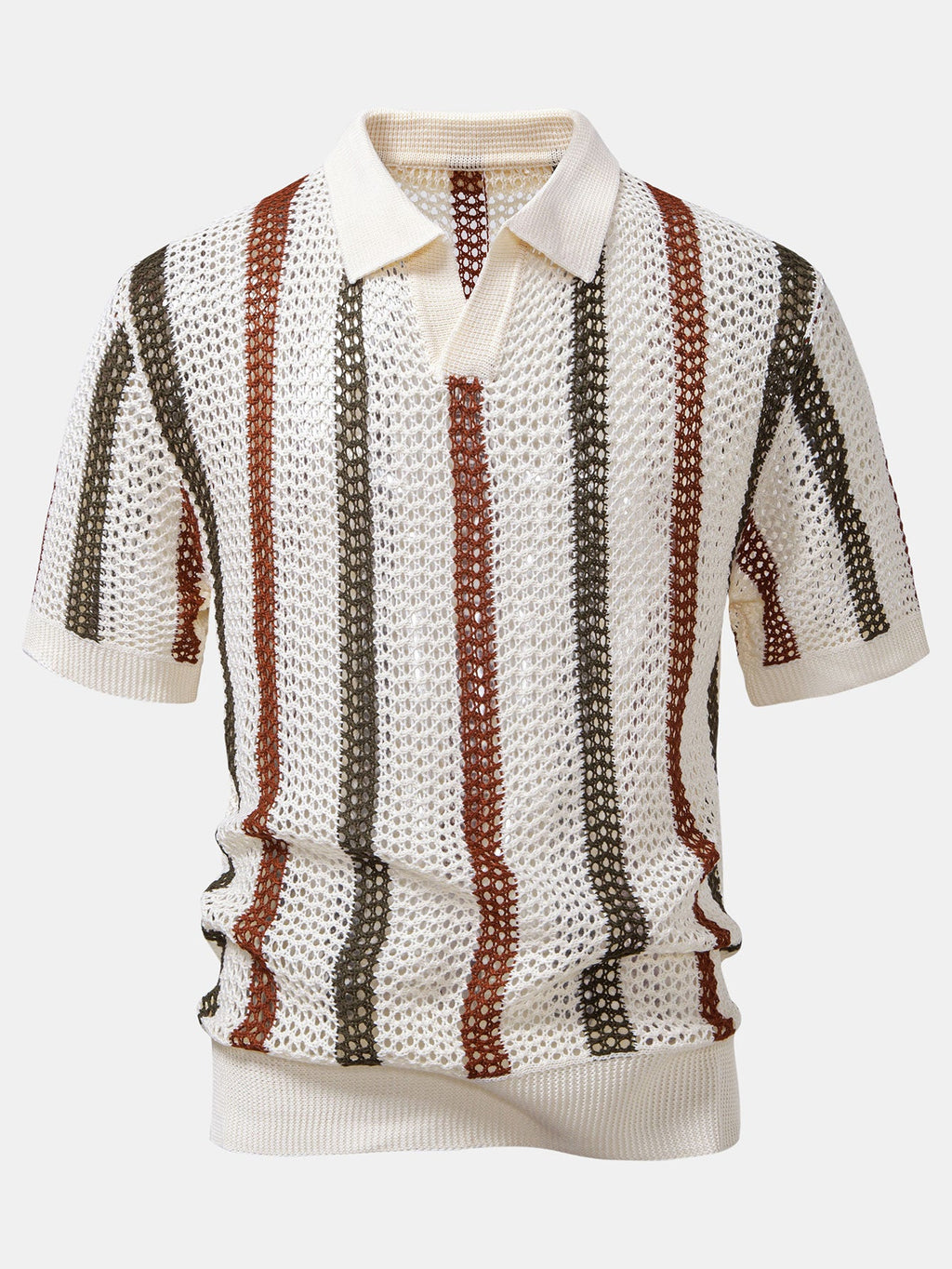 Men’s Textured Hollow-Out Knit Stripe Polo Shirt – Breathable V-Neck Airy Casual Top