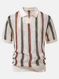 Men’s Textured Hollow-Out Knit Stripe Polo Shirt – Breathable V-Neck Airy Casual Top