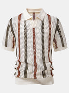 Men’s Textured Hollow-Out Knit Stripe Polo Shirt – Breathable V-Neck Airy Casual Top