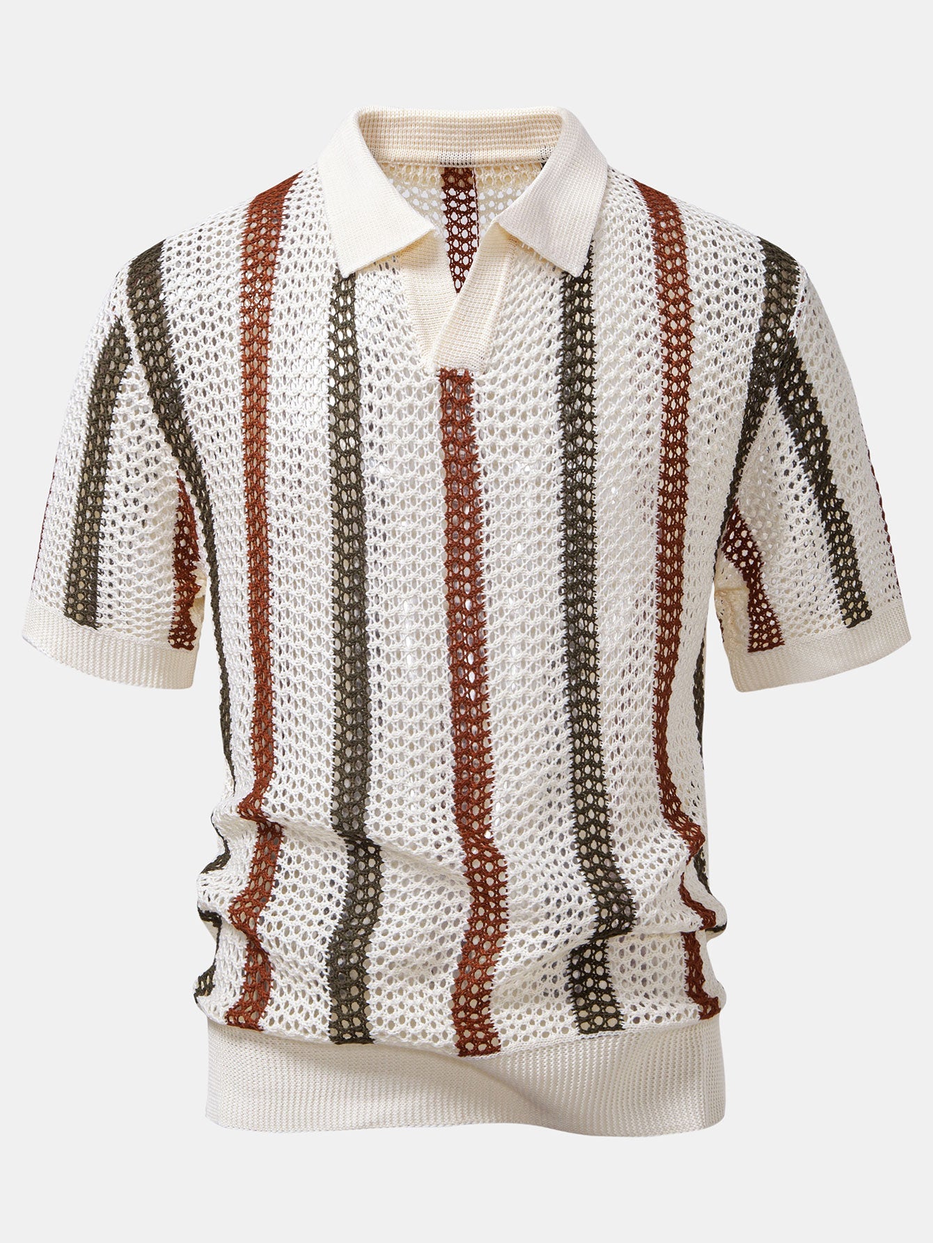 Men’s Textured Hollow-Out Knit Stripe Polo Shirt – Breathable V-Neck Airy Casual Top