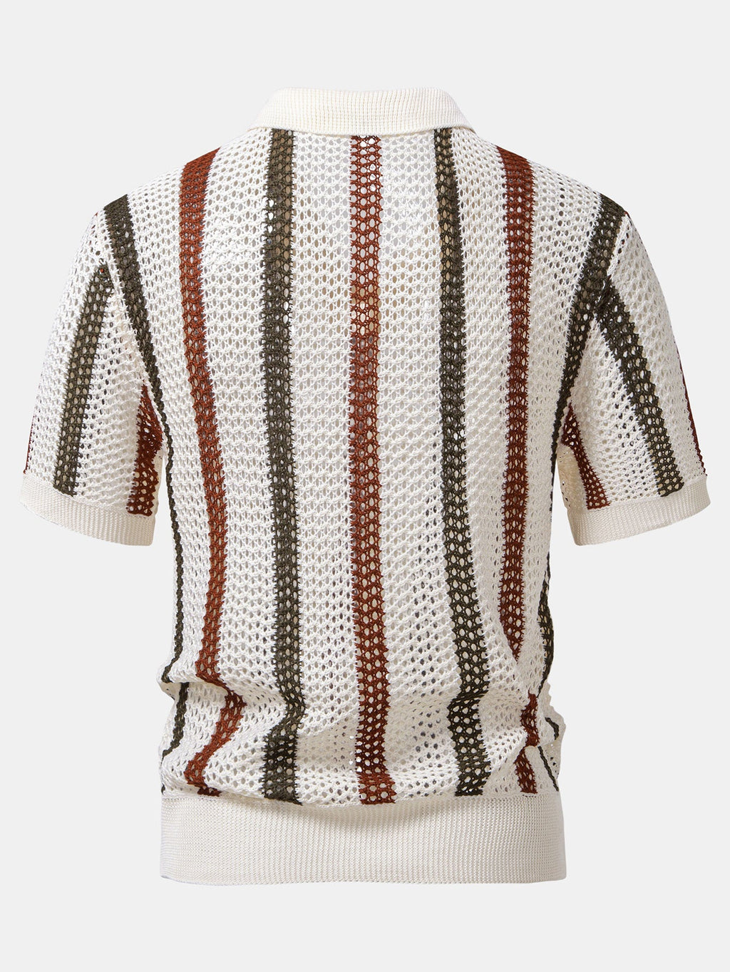 Men’s Textured Hollow-Out Knit Stripe Polo Shirt – Breathable V-Neck Airy Casual Top