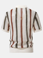 Men’s Textured Hollow-Out Knit Stripe Polo Shirt – Breathable V-Neck Airy Casual Top