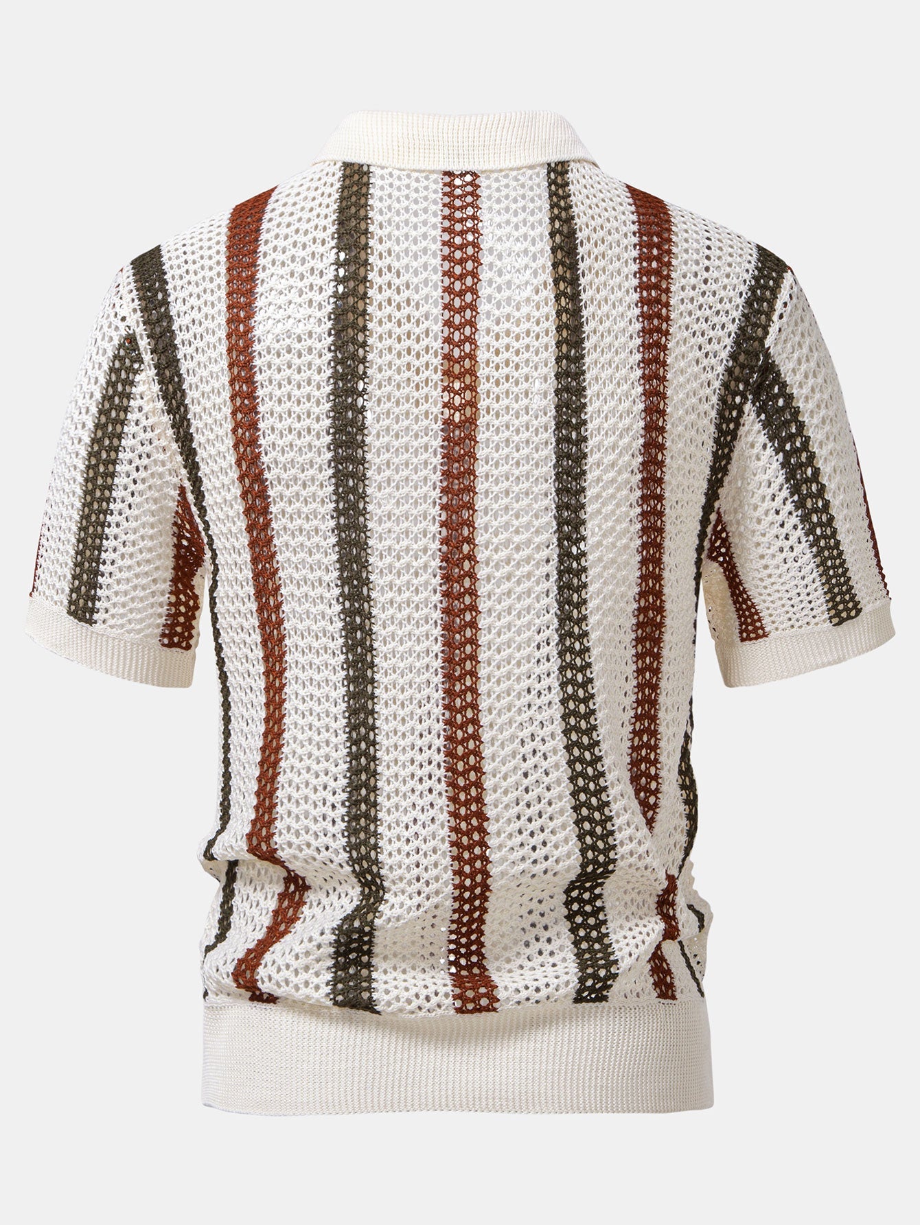 Men’s Textured Hollow-Out Knit Stripe Polo Shirt – Breathable V-Neck Airy Casual Top