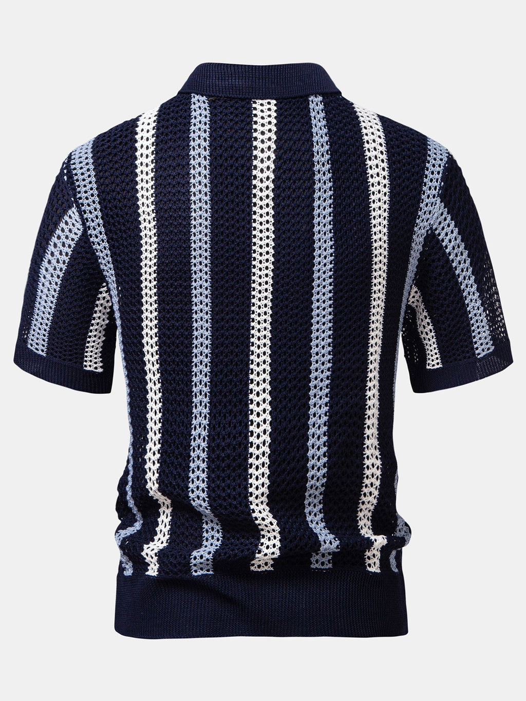 Men’s Textured Hollow-Out Knit Stripe Polo Shirt – Breathable V-Neck Airy Casual Top
