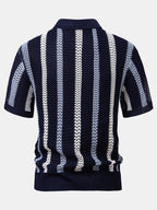 Men’s Textured Hollow-Out Knit Stripe Polo Shirt – Breathable V-Neck Airy Casual Top