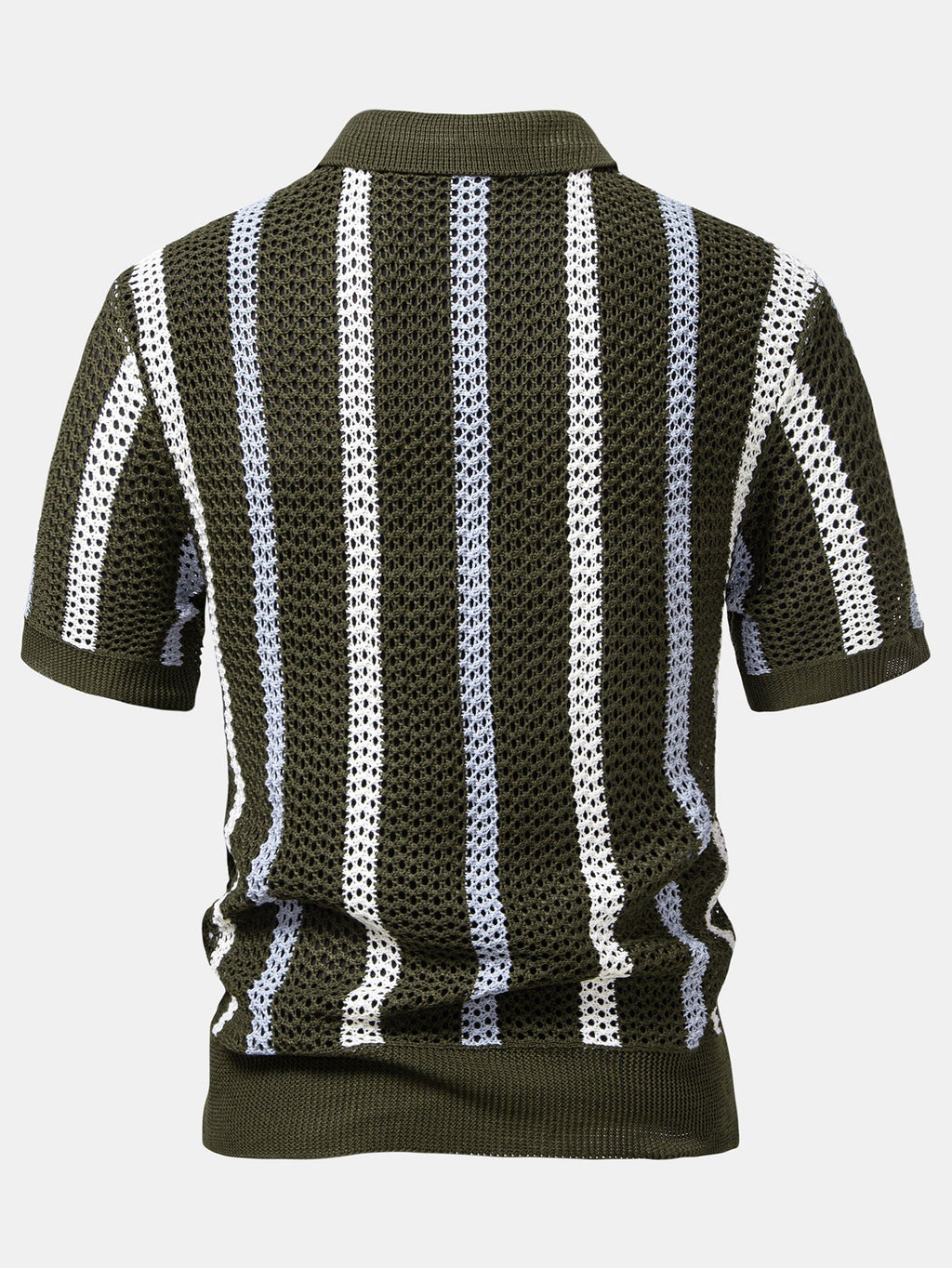 Men’s Textured Hollow-Out Knit Stripe Polo Shirt – Breathable V-Neck Airy Casual Top