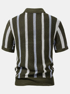 Men’s Textured Hollow-Out Knit Stripe Polo Shirt – Breathable V-Neck Airy Casual Top