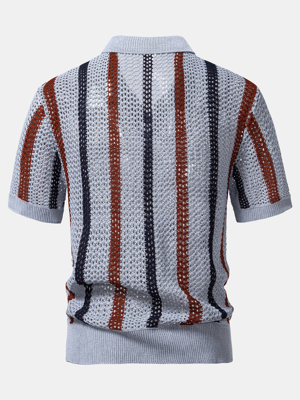 Men’s Textured Hollow-Out Knit Stripe Polo Shirt – Breathable V-Neck Airy Casual Top