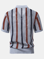 Men’s Textured Hollow-Out Knit Stripe Polo Shirt – Breathable V-Neck Airy Casual Top