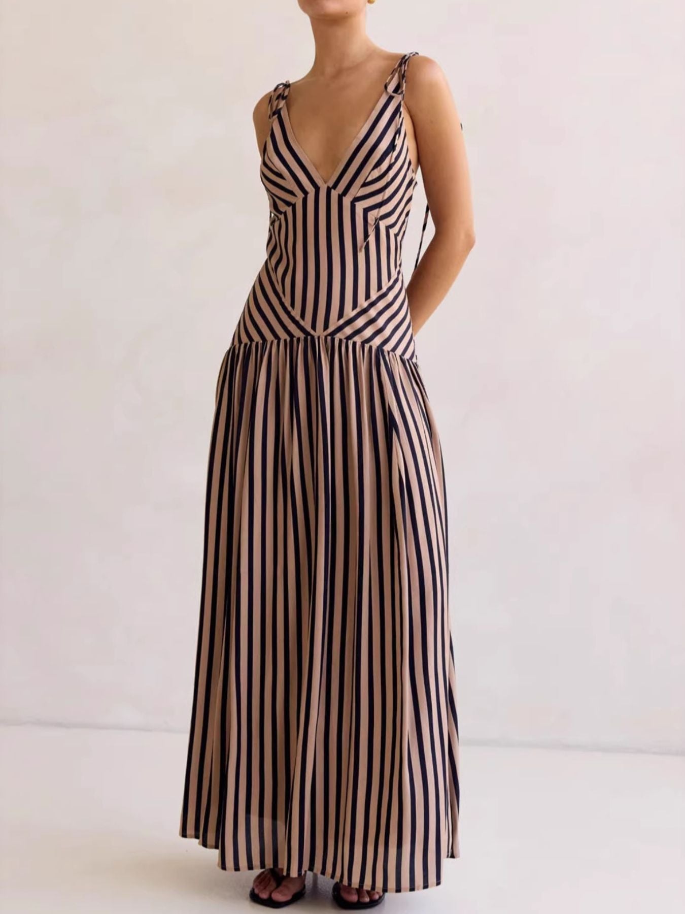 Women’s Tie-Front Zipper Maxi Dress – Sleeveless Elegant Evening Gown