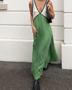 Women’s V-Neck Colorblock Midi Dress – Elegant Casual & Evening Dress