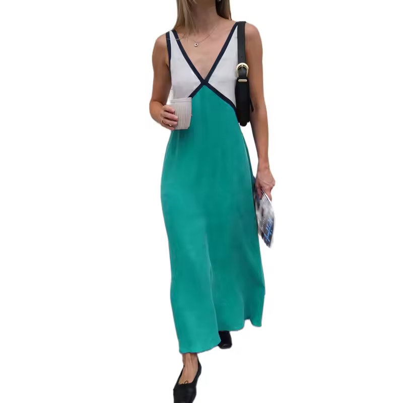 Women’s V-Neck Colorblock Midi Dress – Elegant Casual & Evening Dress