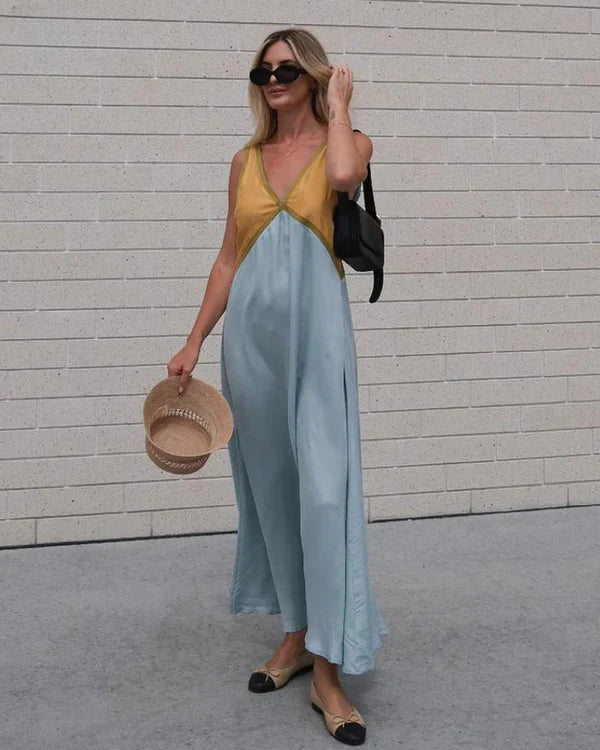 Women’s V-Neck Colorblock Midi Dress – Elegant Casual & Evening Dress