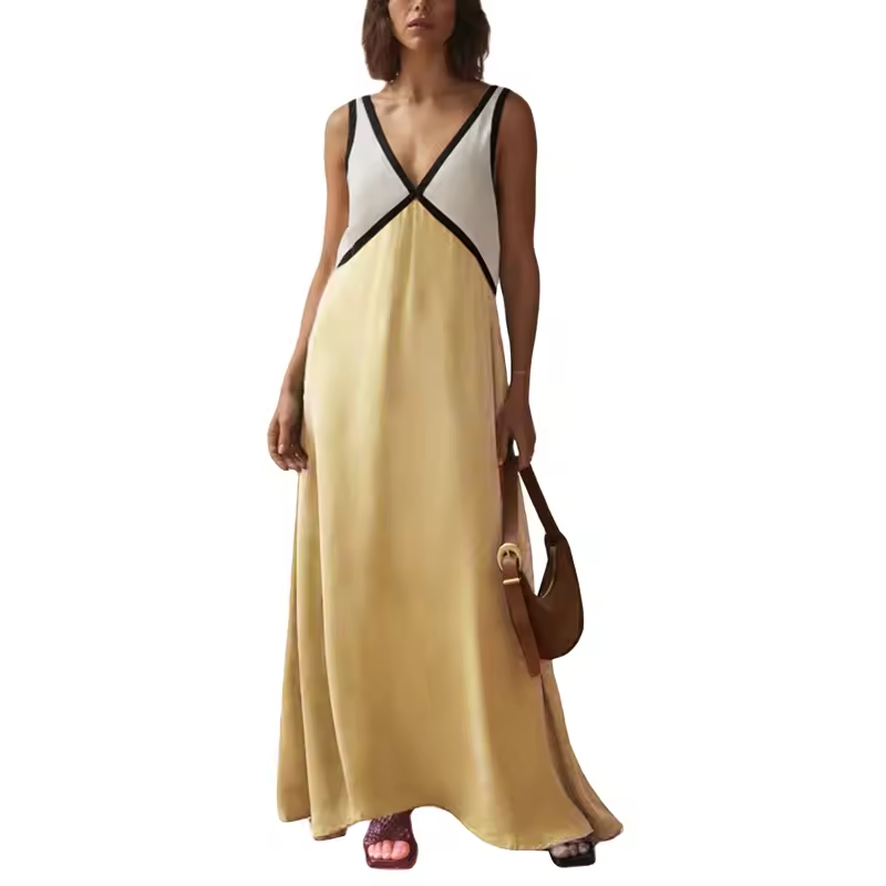 Women’s V-Neck Colorblock Midi Dress – Elegant Casual & Evening Dress