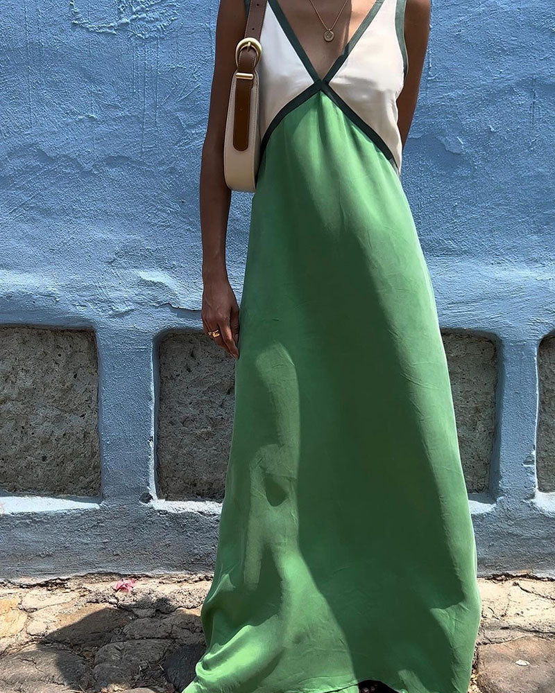 Women’s V-Neck Colorblock Midi Dress – Elegant Casual & Evening Dress