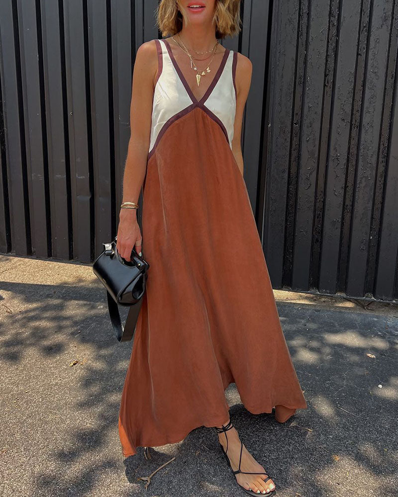 Women’s V-Neck Colorblock Midi Dress – Elegant Casual & Evening Dress