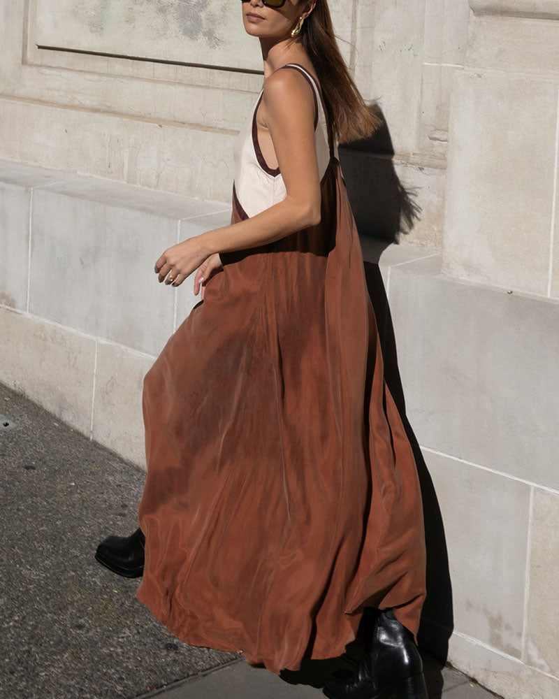 Women’s V-Neck Colorblock Midi Dress – Elegant Casual & Evening Dress
