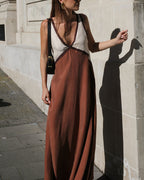 Women’s V-Neck Colorblock Midi Dress – Elegant Casual & Evening Dress
