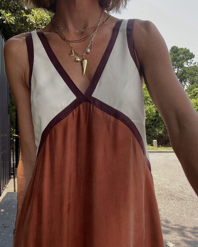 Women’s V-Neck Colorblock Midi Dress – Elegant Casual & Evening Dress