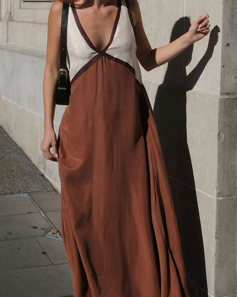 Women’s V-Neck Colorblock Midi Dress – Elegant Casual & Evening Dress