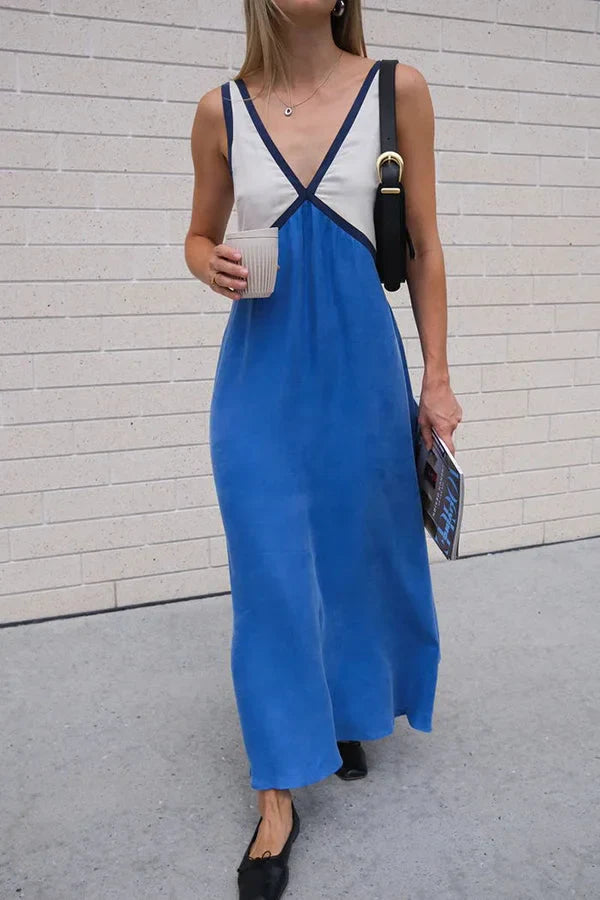 Women’s V-Neck Colorblock Midi Dress – Elegant Casual & Evening Dress