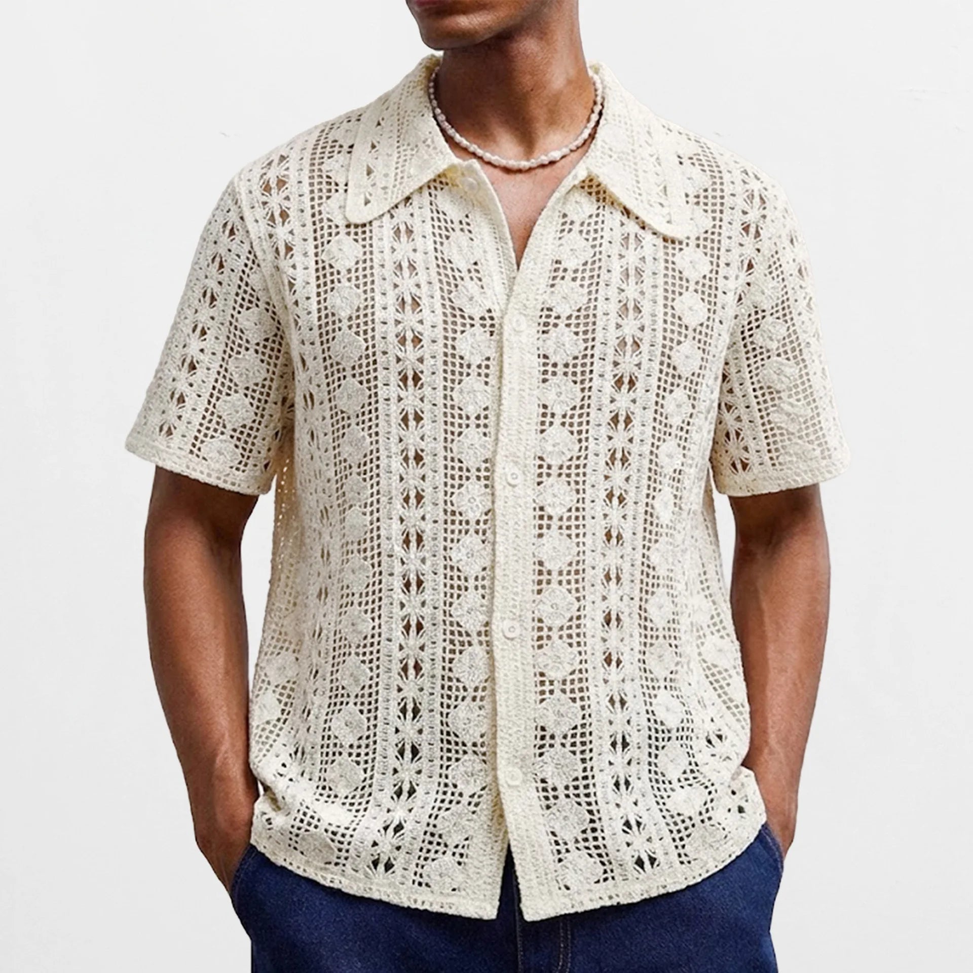 Men’s Hollow Out Crochet Knitted Shirt – French Retro Short Sleeve Polo Cardigan Summer Streetwear Top 2026