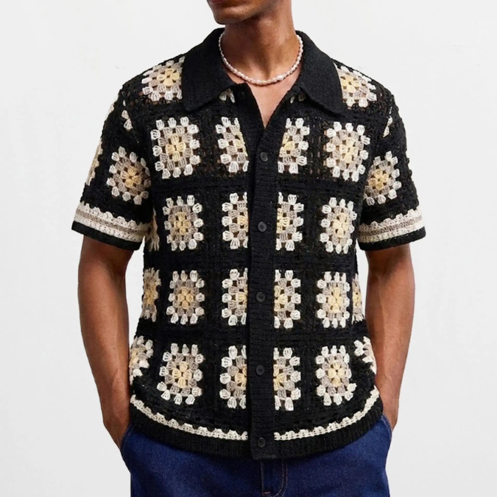 Men’s Hollow Out Crochet Knitted Shirt – French Retro Short Sleeve Polo Cardigan Summer Streetwear Top 2026