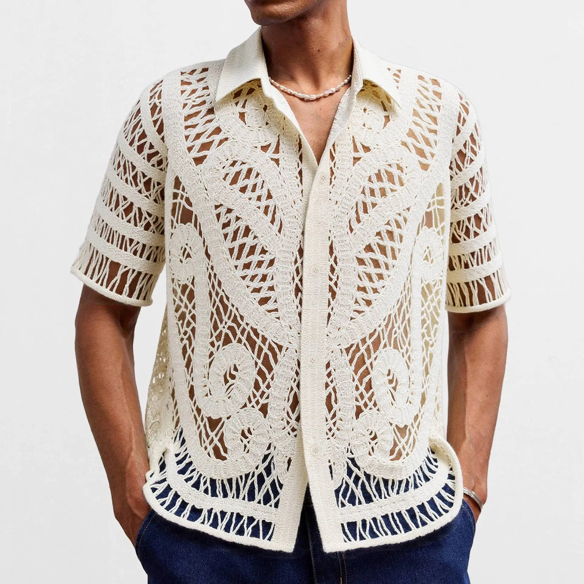 Men’s Hollow Out Crochet Knitted Shirt – French Retro Short Sleeve Polo Cardigan Summer Streetwear Top 2026