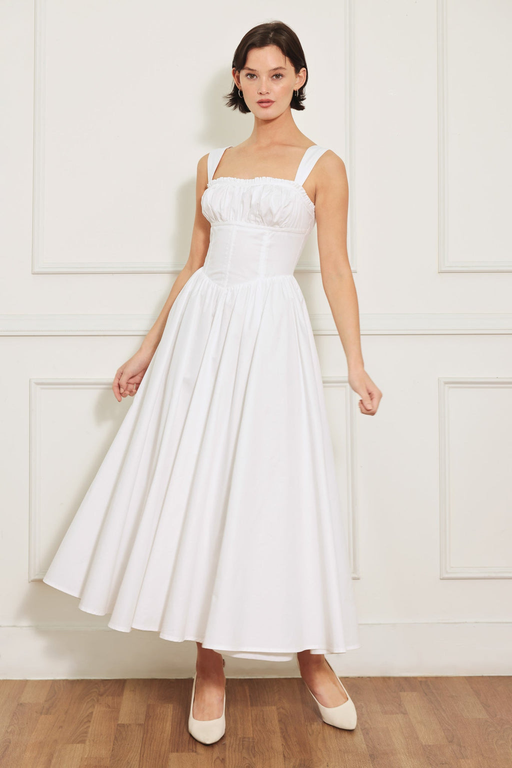 Elegant White Midi Dress with Corset Waist