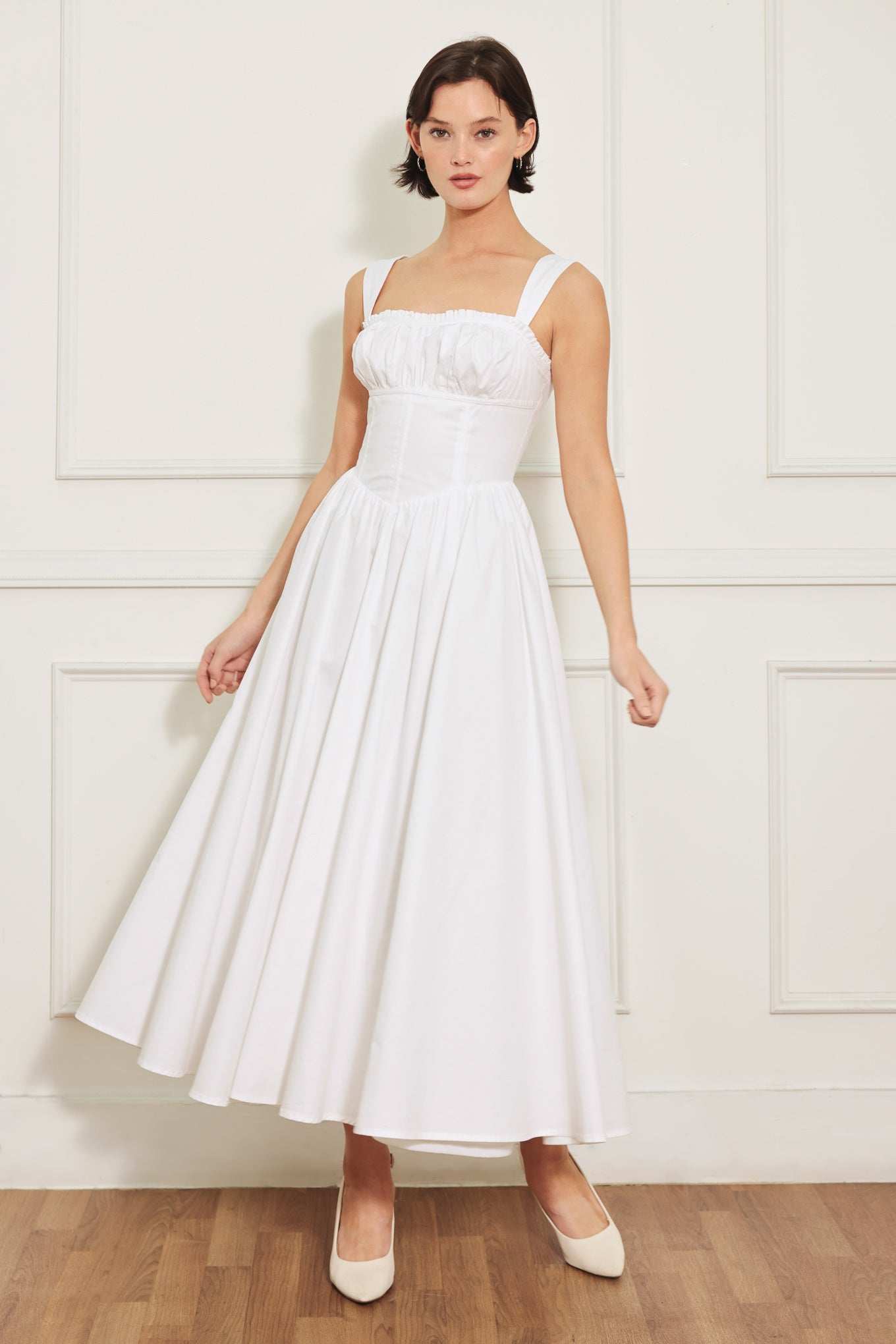 Elegant White Midi Dress with Corset Waist