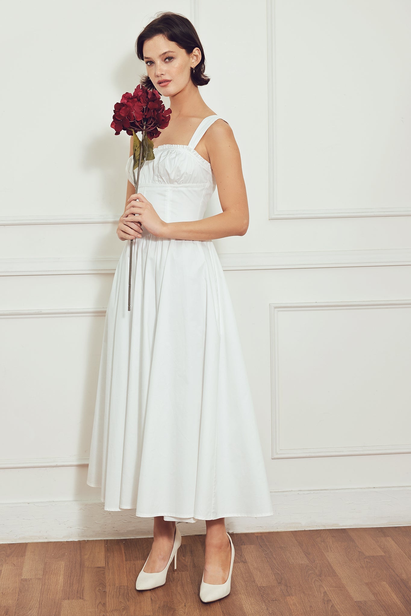 Elegant White Midi Dress with Corset Waist