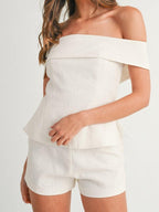 Women’s White Two-Piece Set – Cropped Button Top & Shorts Casual Cotton Blend Summer Outfit