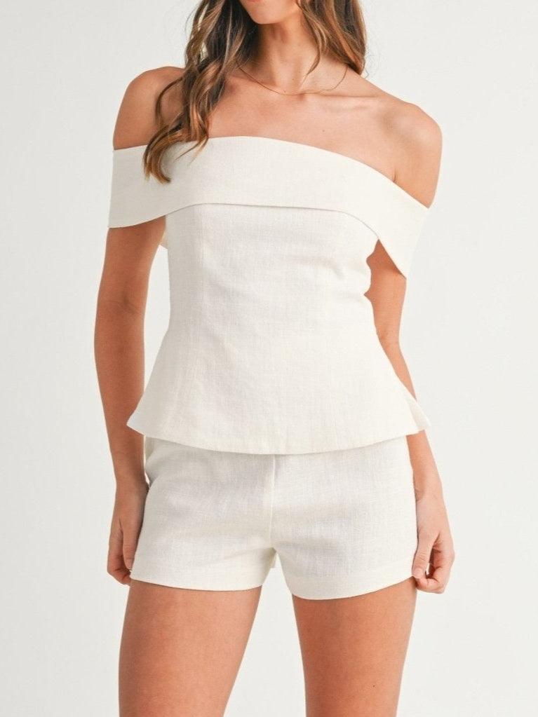 Women’s White Two-Piece Set – Cropped Button Top & Shorts Casual Cotton Blend Summer Outfit