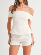 Women’s White Two-Piece Set – Cropped Button Top & Shorts Casual Cotton Blend Summer Outfit