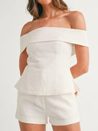 Women’s White Two-Piece Set – Cropped Button Top & Shorts Casual Cotton Blend Summer Outfit