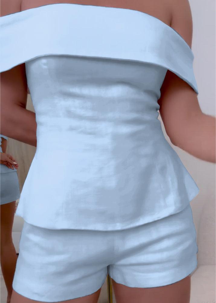 Women’s White Two-Piece Set – Cropped Button Top & Shorts Casual Cotton Blend Summer Outfit