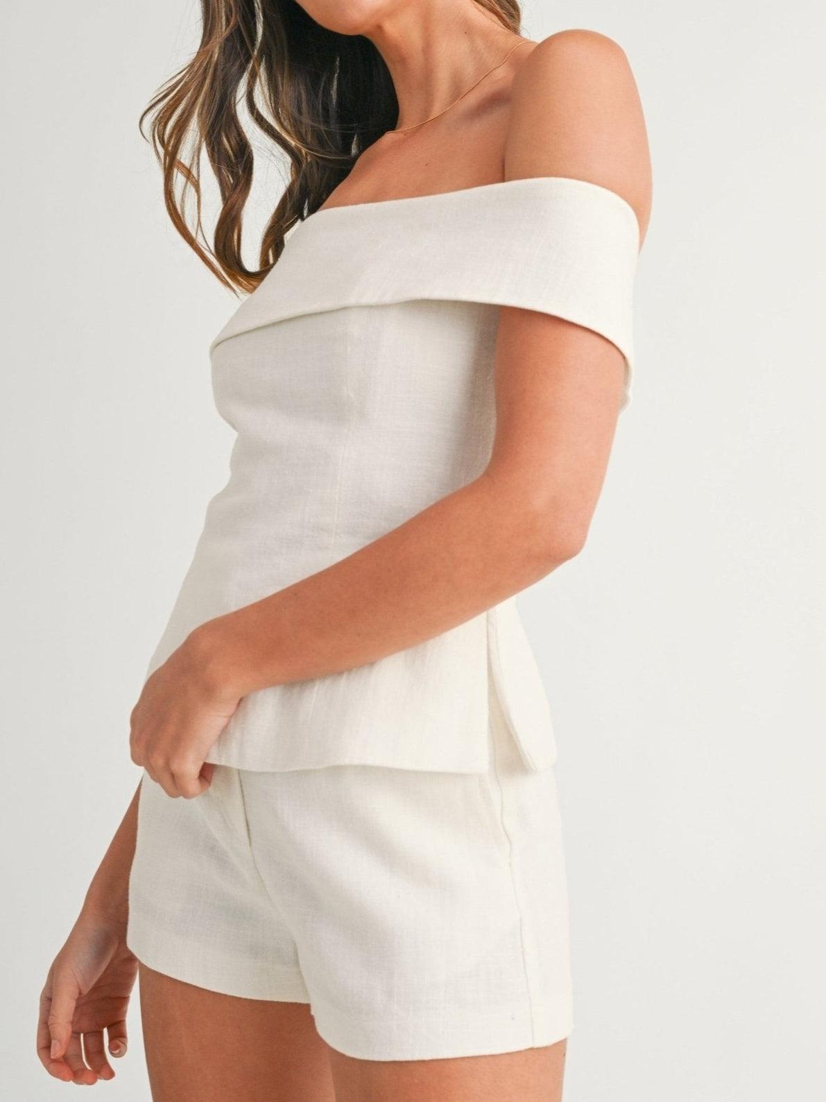 Women’s White Two-Piece Set – Cropped Button Top & Shorts Casual Cotton Blend Summer Outfit