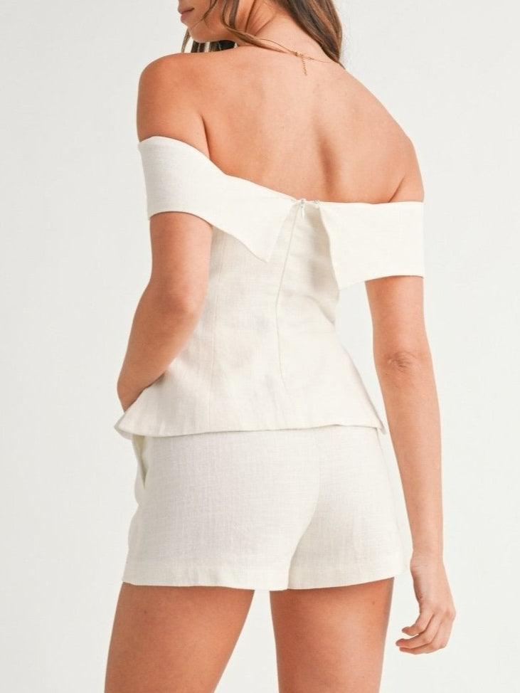 Women’s White Two-Piece Set – Cropped Button Top & Shorts Casual Cotton Blend Summer Outfit